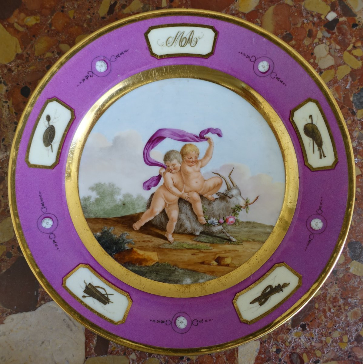 Manufacture Halley - suite de 6 assiettes de table en porcelaine dorée d'époque Empire signées-photo-3