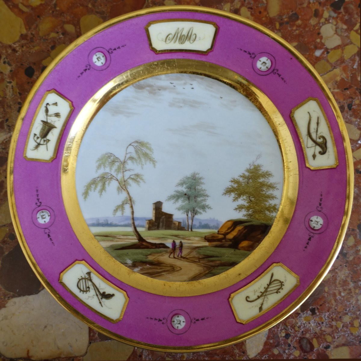 Manufacture Halley - suite de 6 assiettes de table en porcelaine dorée d'époque Empire signées-photo-4