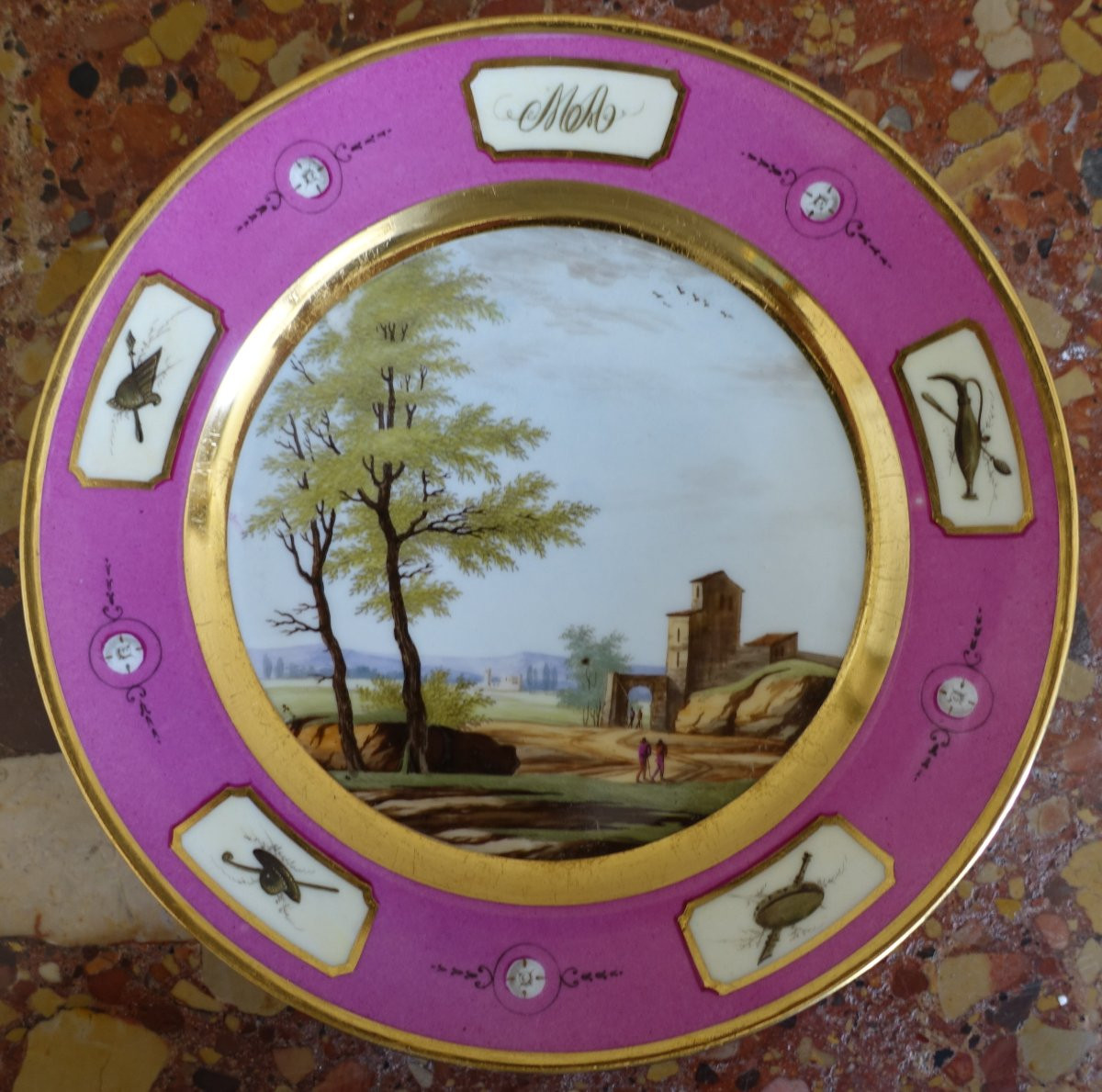 Manufacture Halley - suite de 6 assiettes de table en porcelaine dorée d'époque Empire signées-photo-1