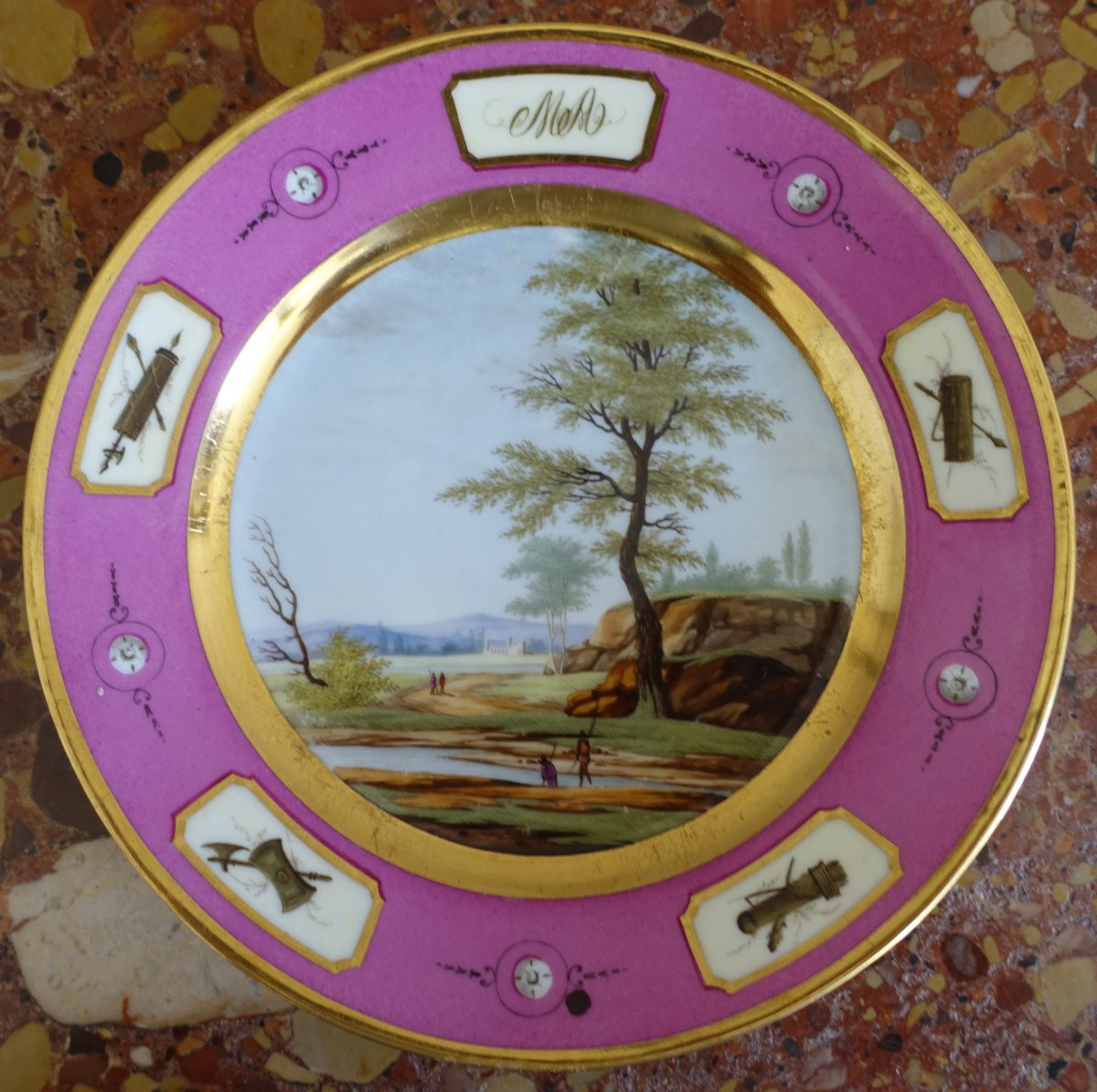 Manufacture Halley - suite de 6 assiettes de table en porcelaine dorée d'époque Empire signées-photo-2