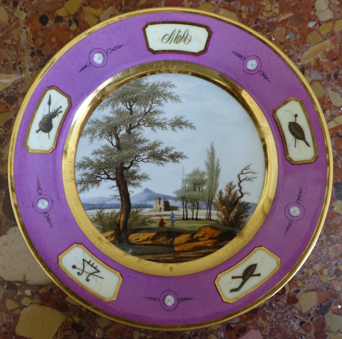 Manufacture Halley - suite de 6 assiettes de table en porcelaine dorée d'époque Empire signées-photo-3