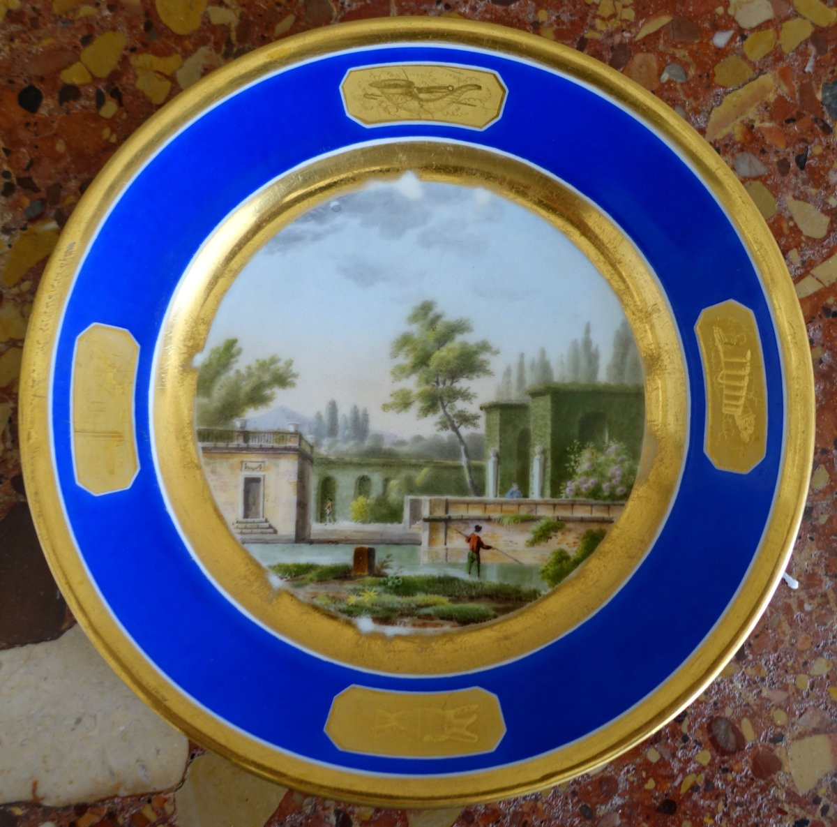 Suite de 4 assiettes à décor de paysages, bosquets polychrome à décor or - époque Empire-photo-1