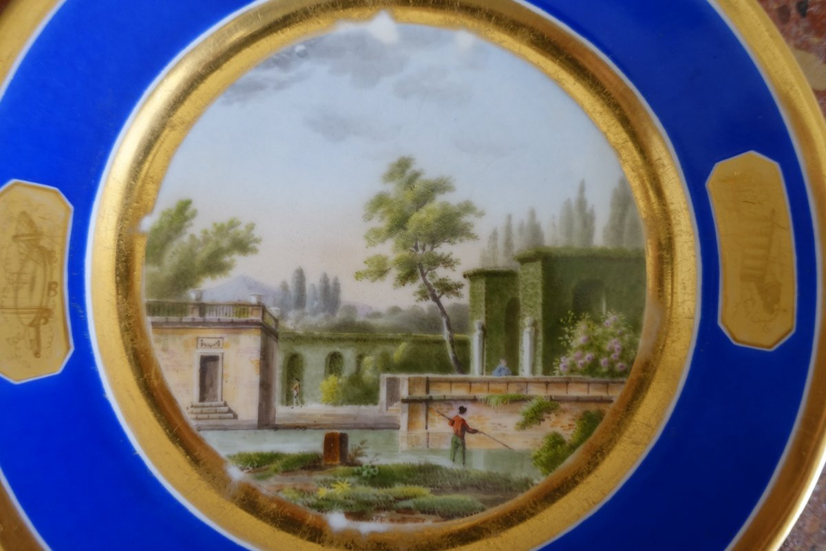 Suite de 4 assiettes à décor de paysages, bosquets polychrome à décor or - époque Empire-photo-2