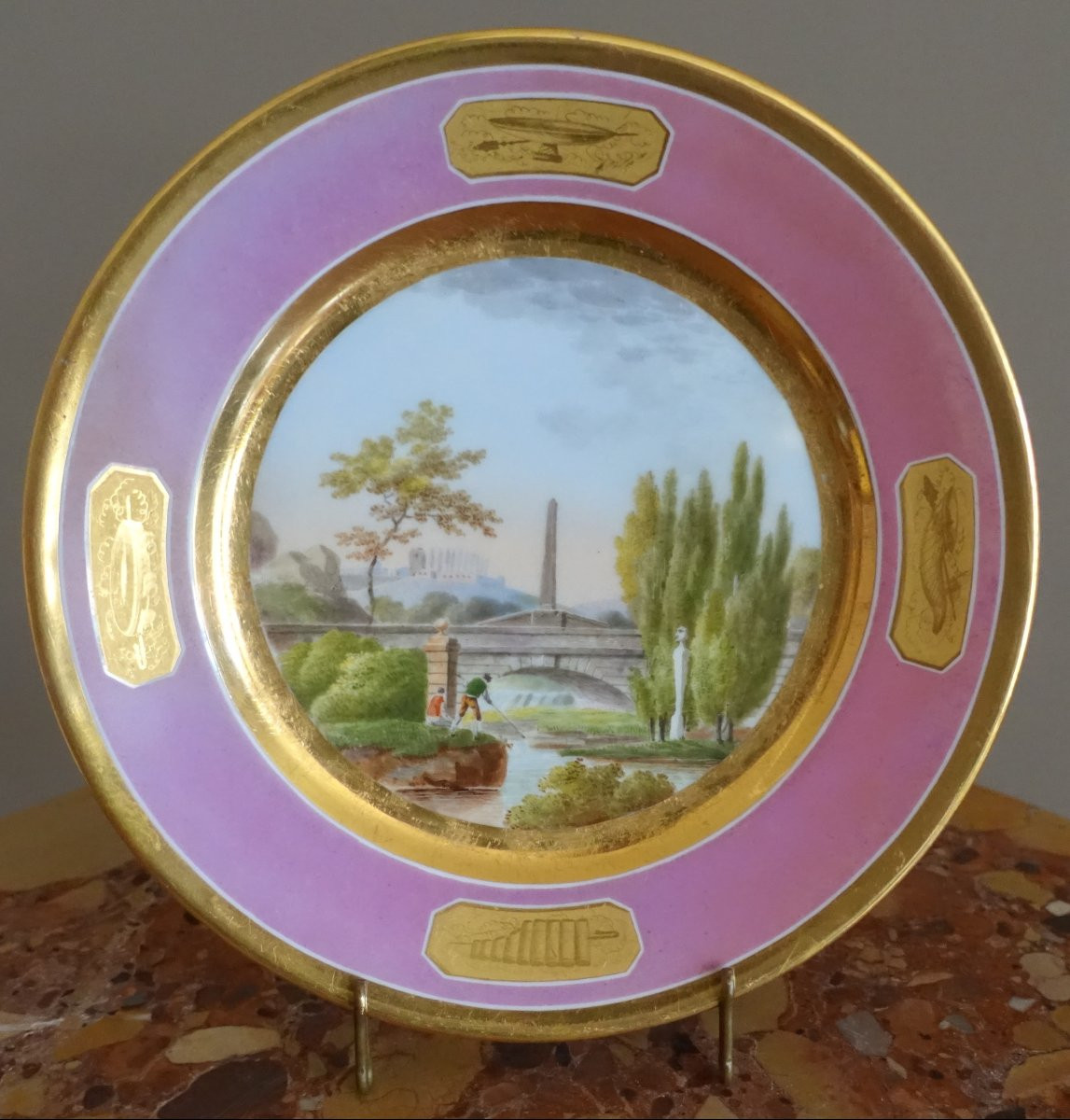 Suite de 4 assiettes à décor de paysages, bosquets polychrome à décor or - époque Empire-photo-3