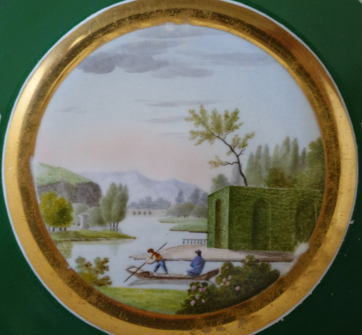 Suite de 4 assiettes à décor de paysages, bosquets polychrome à décor or - époque Empire-photo-6
