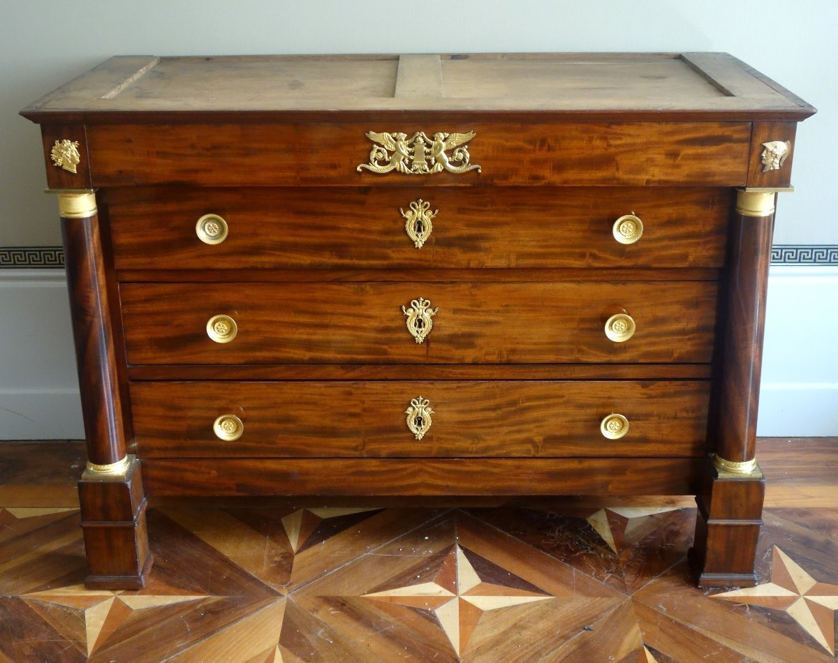 Commode d'époque Empire à colonnes en acajou, bronzes dorés au mercure  - 130cm-photo-6
