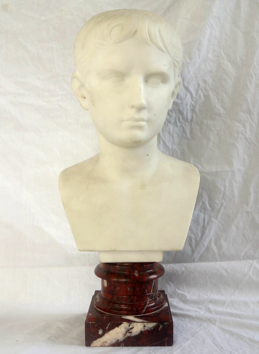 Buste à l'antique de l'empereur Auguste, marbre blanc et griotte - souvenir du grand tour 19e-photo-2