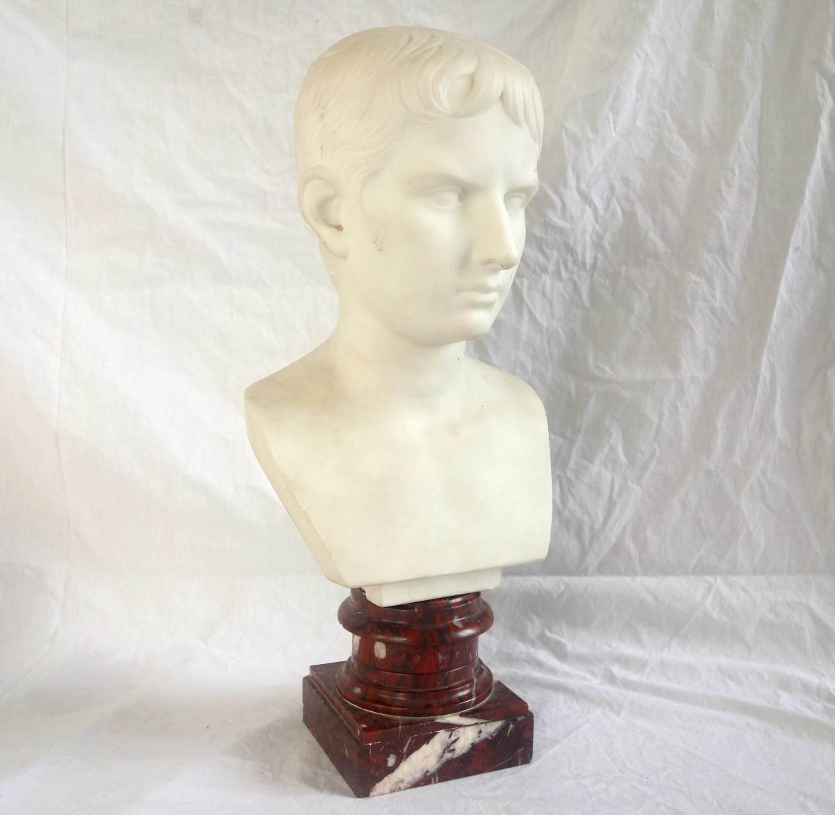Buste à l'antique de l'empereur Auguste, marbre blanc et griotte - souvenir du grand tour 19e-photo-3