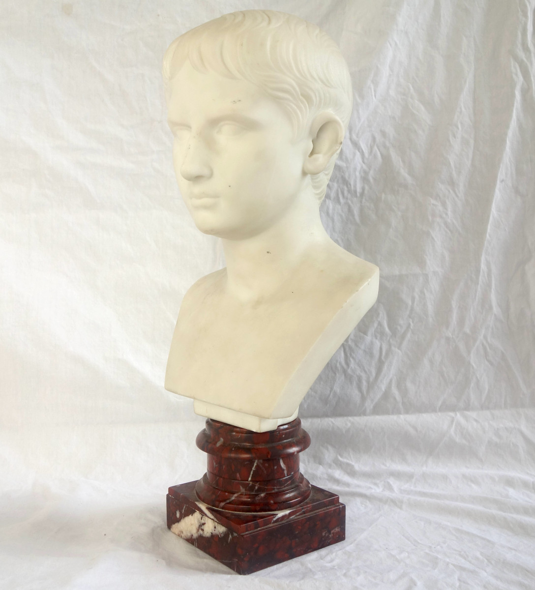 Buste à l'antique de l'empereur Auguste, marbre blanc et griotte - souvenir du grand tour 19e-photo-4