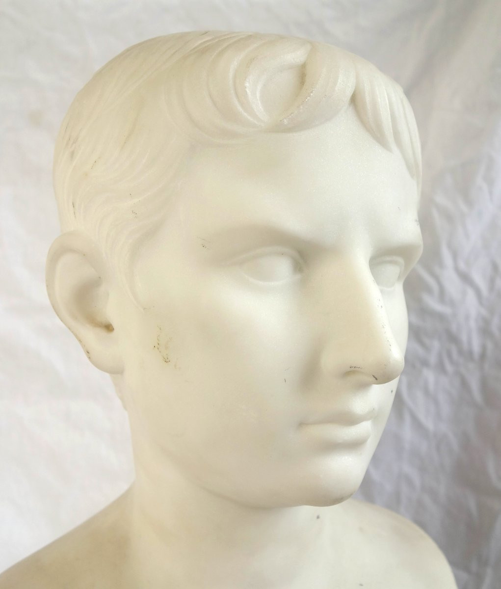 Buste à l'antique de l'empereur Auguste, marbre blanc et griotte - souvenir du grand tour 19e-photo-2