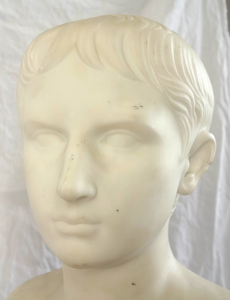 Buste à l'antique de l'empereur Auguste, marbre blanc et griotte - souvenir du grand tour 19e-photo-3