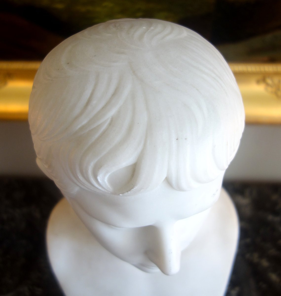 Buste à l'antique de l'empereur Auguste, marbre blanc et griotte - souvenir du grand tour 19e-photo-4