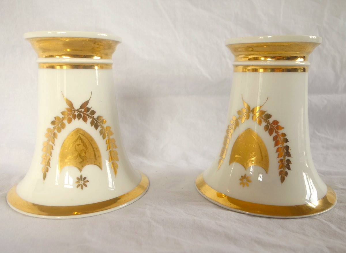 Pair Of White And Gold Paris Porcelain Cornet Vases - Empire Restoration Period-photo-3