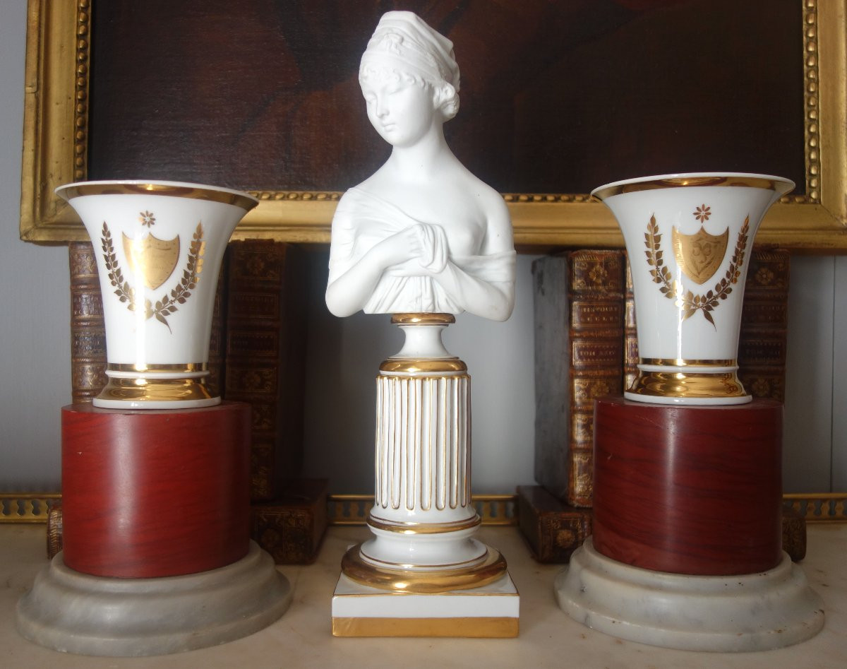 Pair Of White And Gold Paris Porcelain Cornet Vases - Empire Restoration Period-photo-7