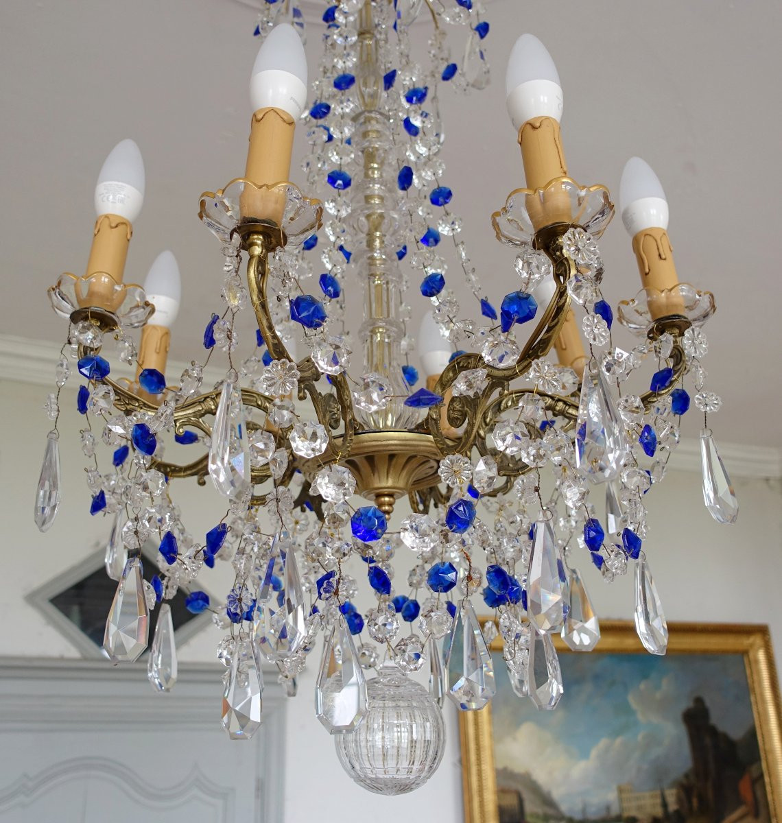 Baccarat - 8-light Chandelier In White And Cobalt Blue Crystal - Louis XVI Style-photo-4