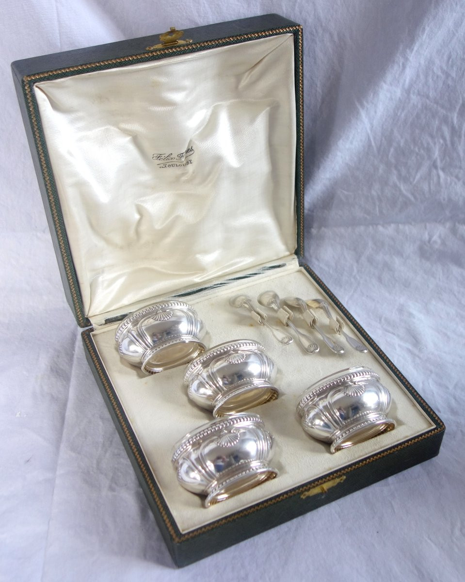 Puiforcat Set Of 4 Solid Silver Salt Cellars In The Regency - Louis XVI Style With Shells And Pearls-photo-2