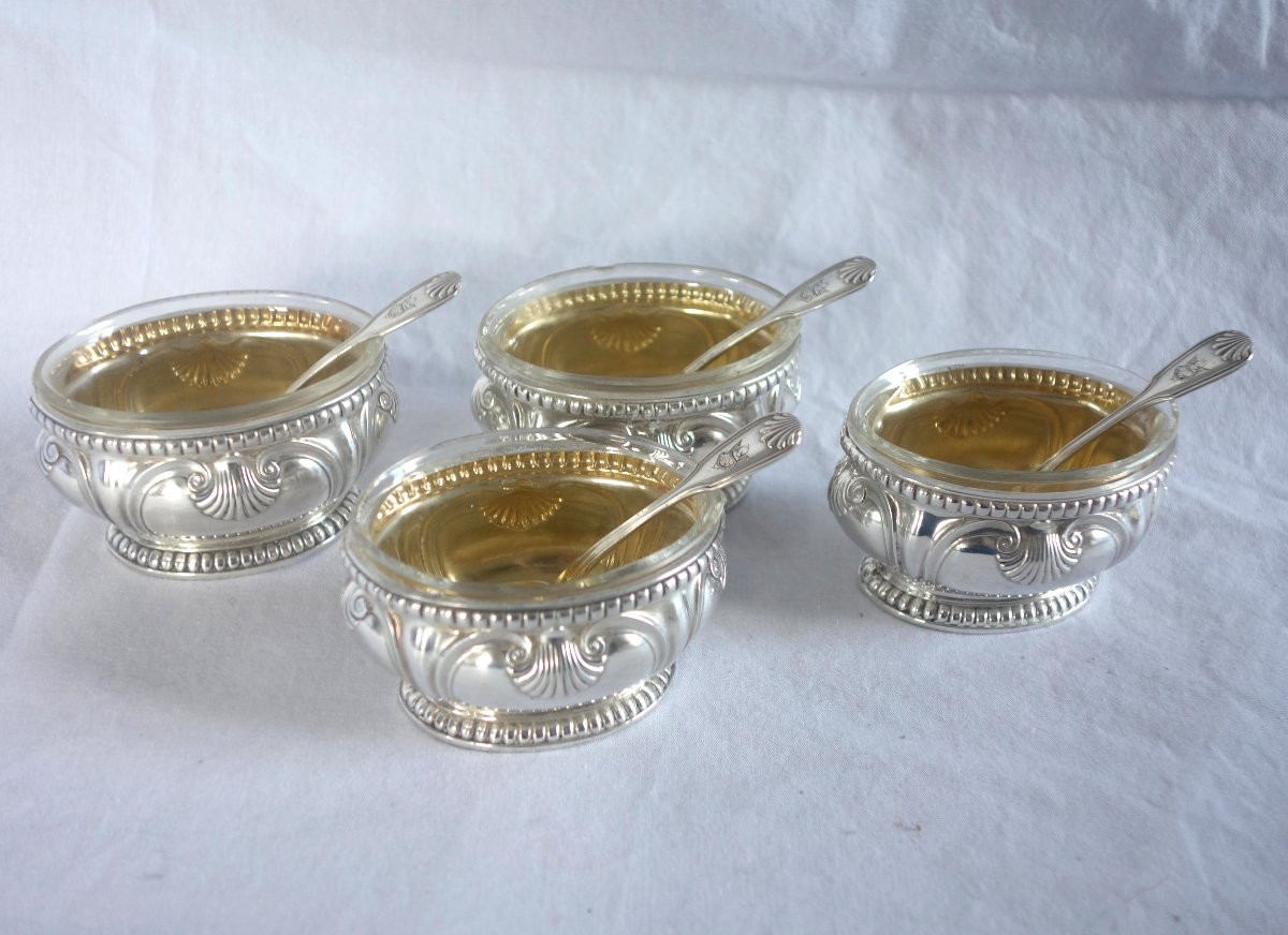 Puiforcat Set Of 4 Solid Silver Salt Cellars In The Regency - Louis XVI Style With Shells And Pearls-photo-3