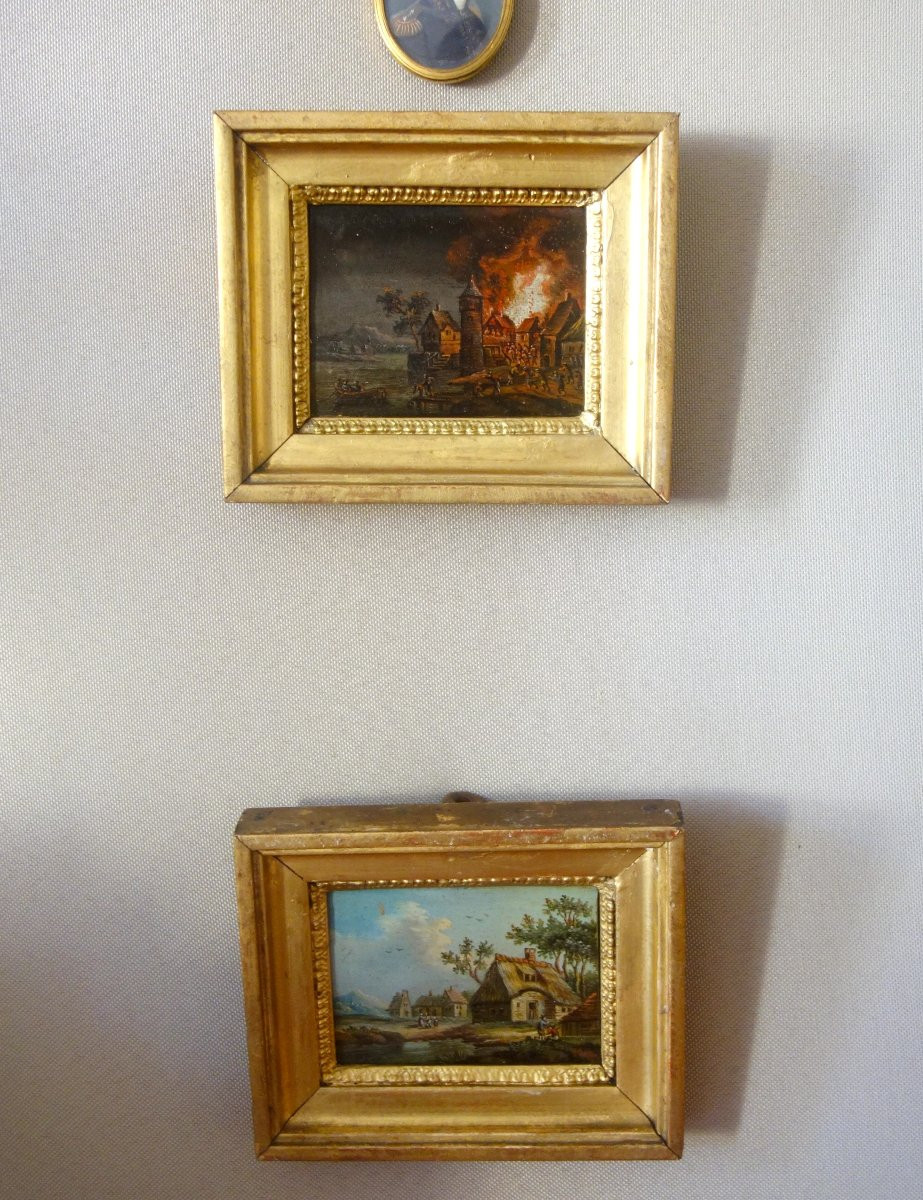 Pair Of Miniature Paintings, Oils On Copper, Early 19th Century - Night Fire-photo-2