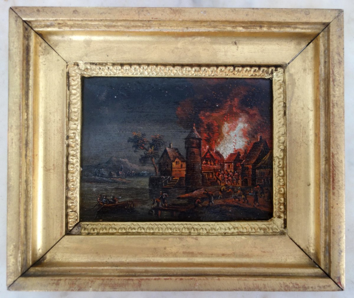 Pair Of Miniature Paintings, Oils On Copper, Early 19th Century - Night Fire-photo-3