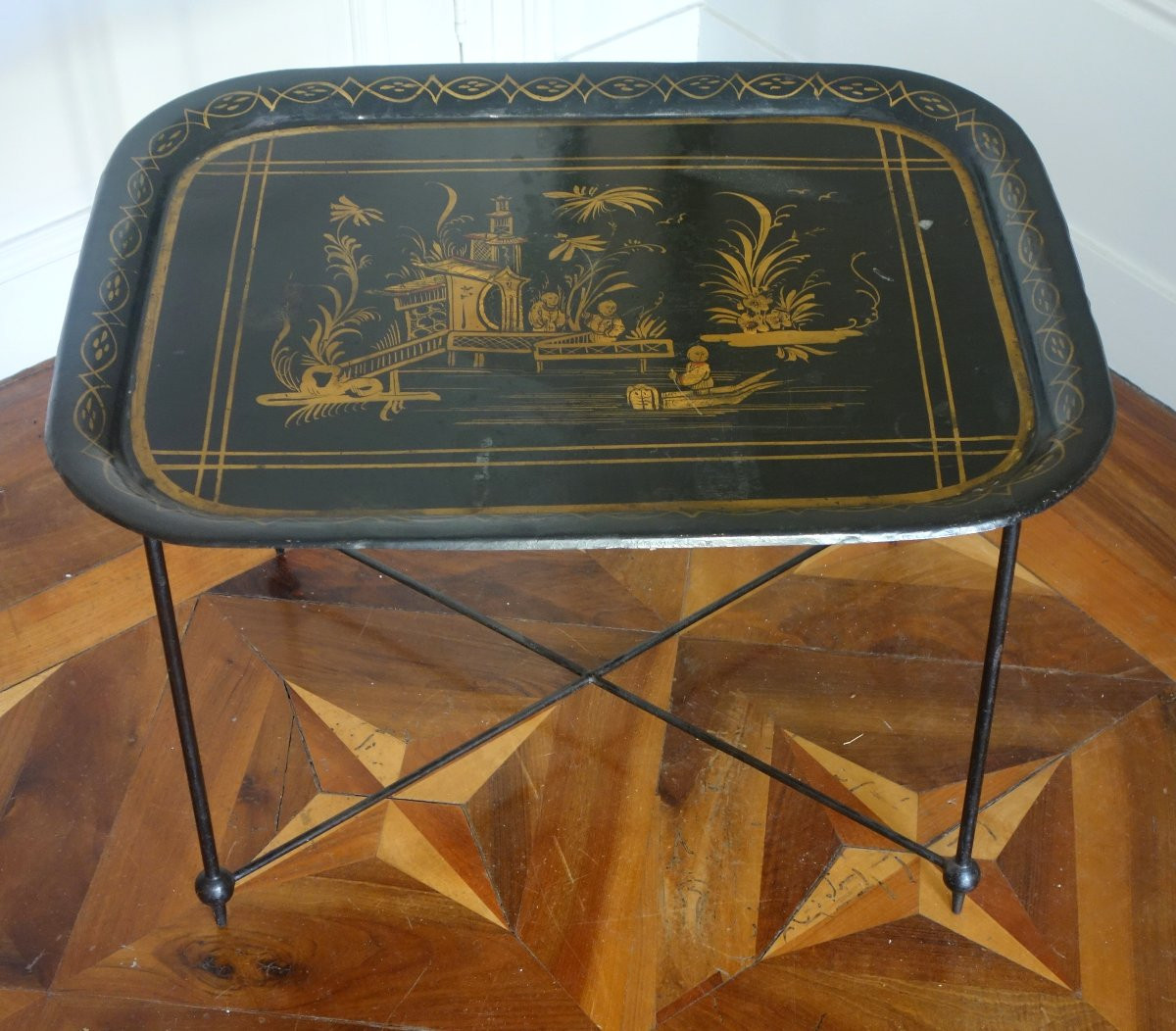 Large Napoleon III Tray In Lacquered Sheet Metal With Chinoiserie Motifs Mounted As A Coffee Table-photo-2