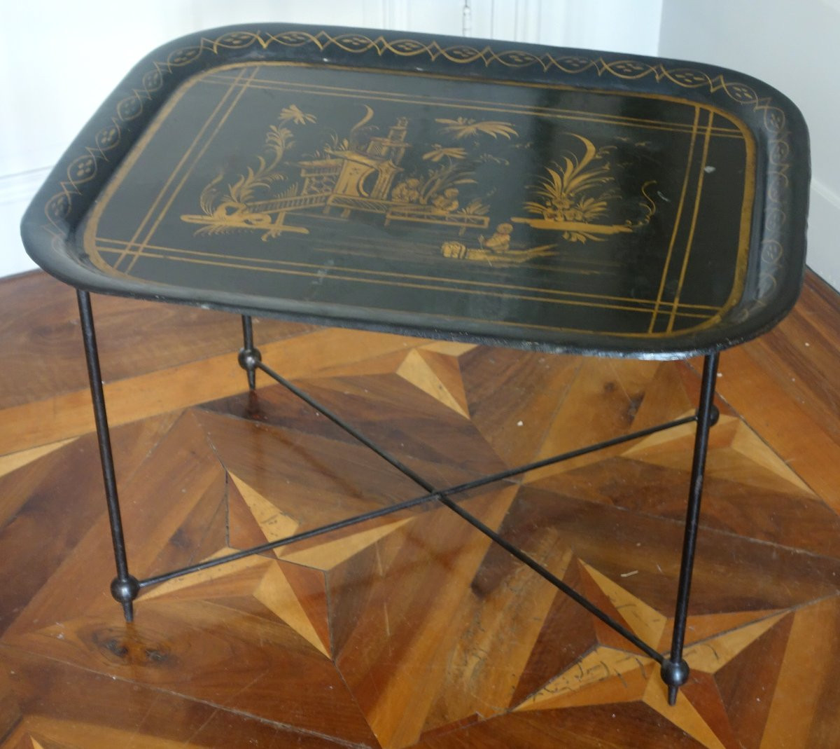 Large Napoleon III Tray In Lacquered Sheet Metal With Chinoiserie Motifs Mounted As A Coffee Table-photo-3