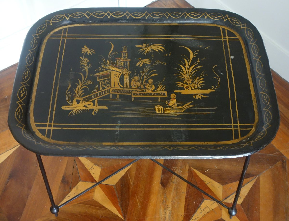Large Napoleon III Tray In Lacquered Sheet Metal With Chinoiserie Motifs Mounted As A Coffee Table-photo-4