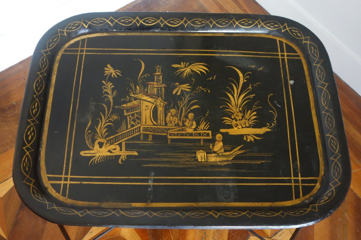 Large Napoleon III Tray In Lacquered Sheet Metal With Chinoiserie Motifs Mounted As A Coffee Table-photo-1