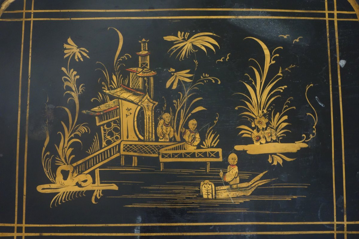 Large Napoleon III Tray In Lacquered Sheet Metal With Chinoiserie Motifs Mounted As A Coffee Table-photo-2