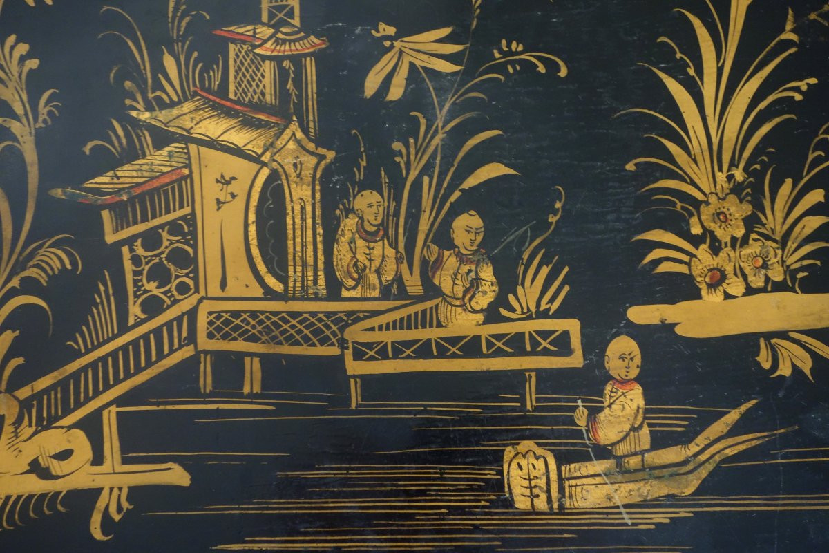 Large Napoleon III Tray In Lacquered Sheet Metal With Chinoiserie Motifs Mounted As A Coffee Table-photo-3
