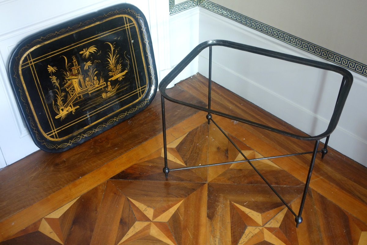 Large Napoleon III Tray In Lacquered Sheet Metal With Chinoiserie Motifs Mounted As A Coffee Table-photo-4