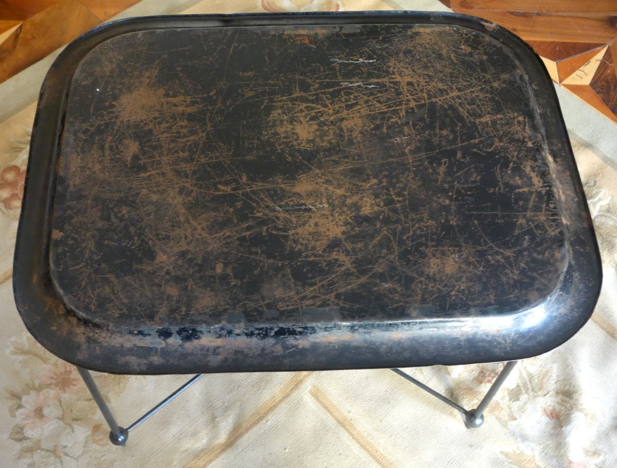 Large Napoleon III Tray In Lacquered Sheet Metal With Chinoiserie Motifs Mounted As A Coffee Table-photo-5
