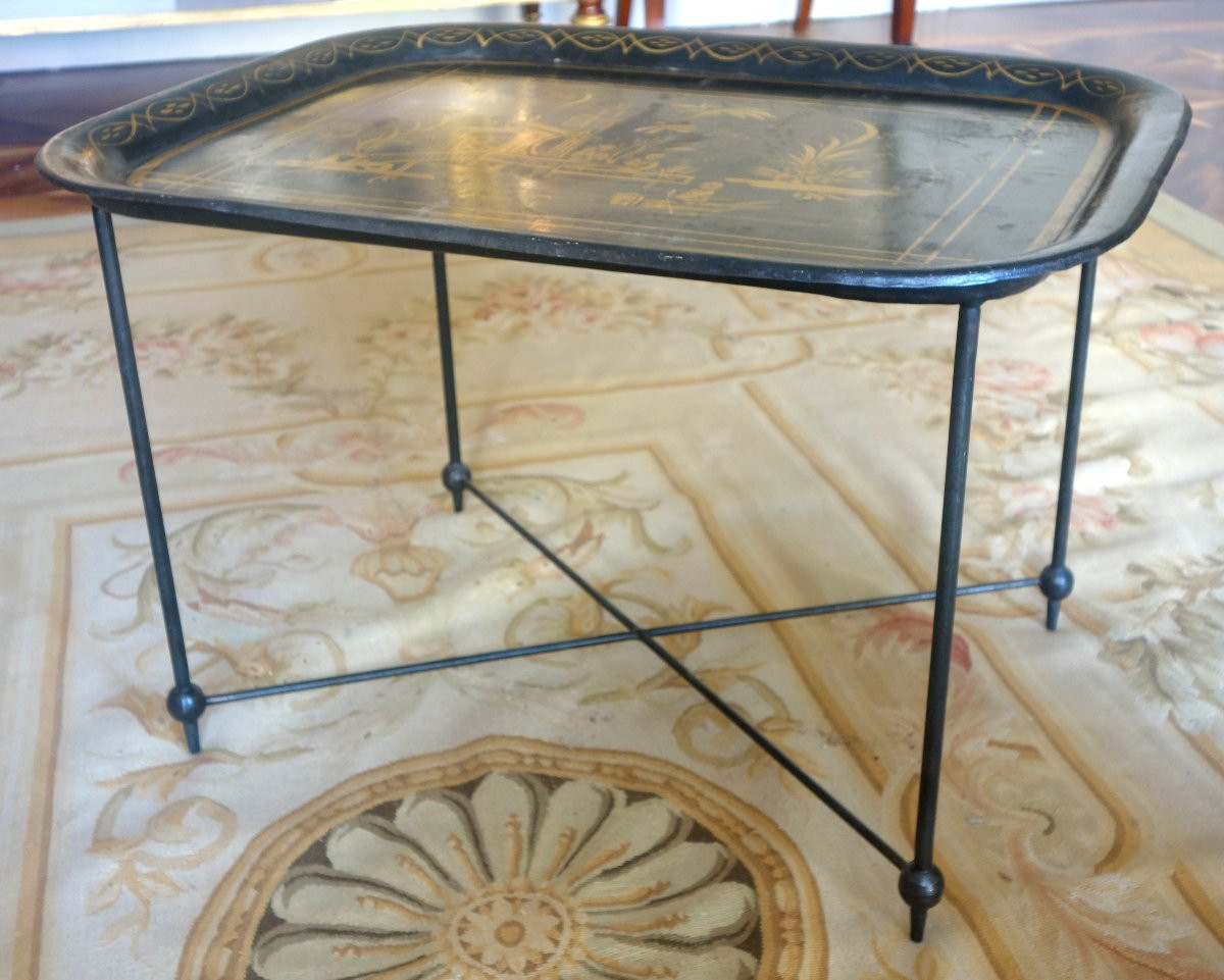 Large Napoleon III Tray In Lacquered Sheet Metal With Chinoiserie Motifs Mounted As A Coffee Table-photo-6