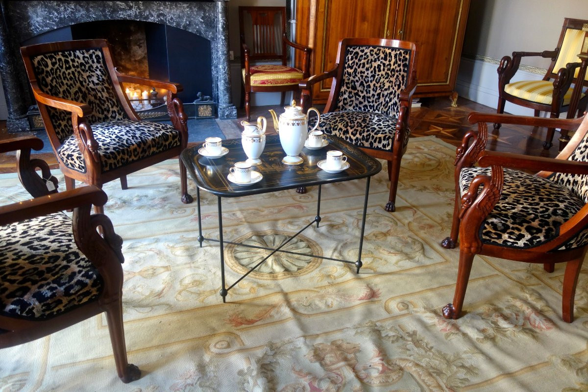 Large Napoleon III Tray In Lacquered Sheet Metal With Chinoiserie Motifs Mounted As A Coffee Table-photo-7