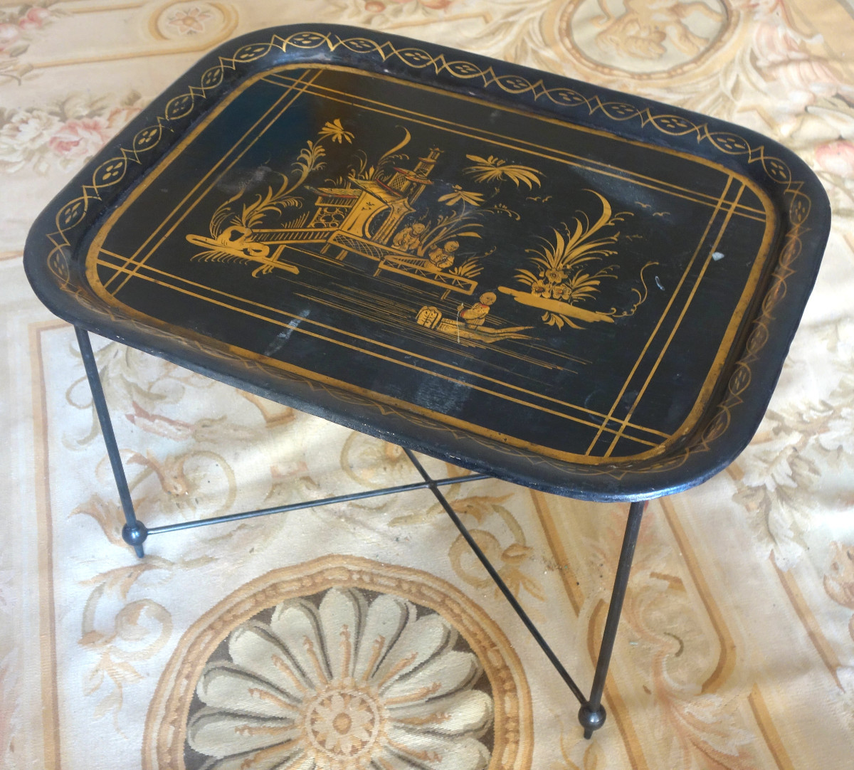 Large Napoleon III Tray In Lacquered Sheet Metal With Chinoiserie Motifs Mounted As A Coffee Table