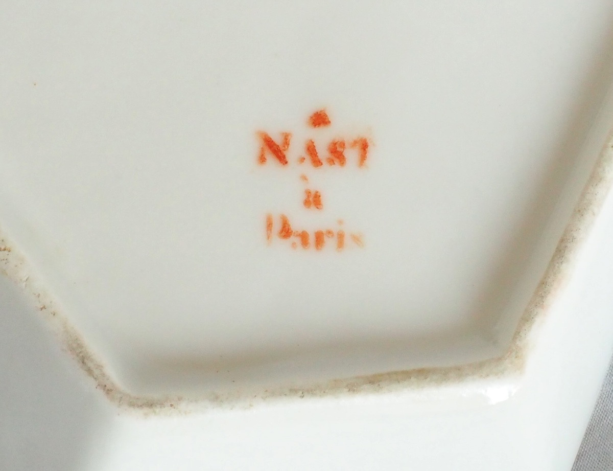 Nast : série de 6 coquetiers d’époque Empire & présentoir, porcelaine blanche & or - signé-photo-7