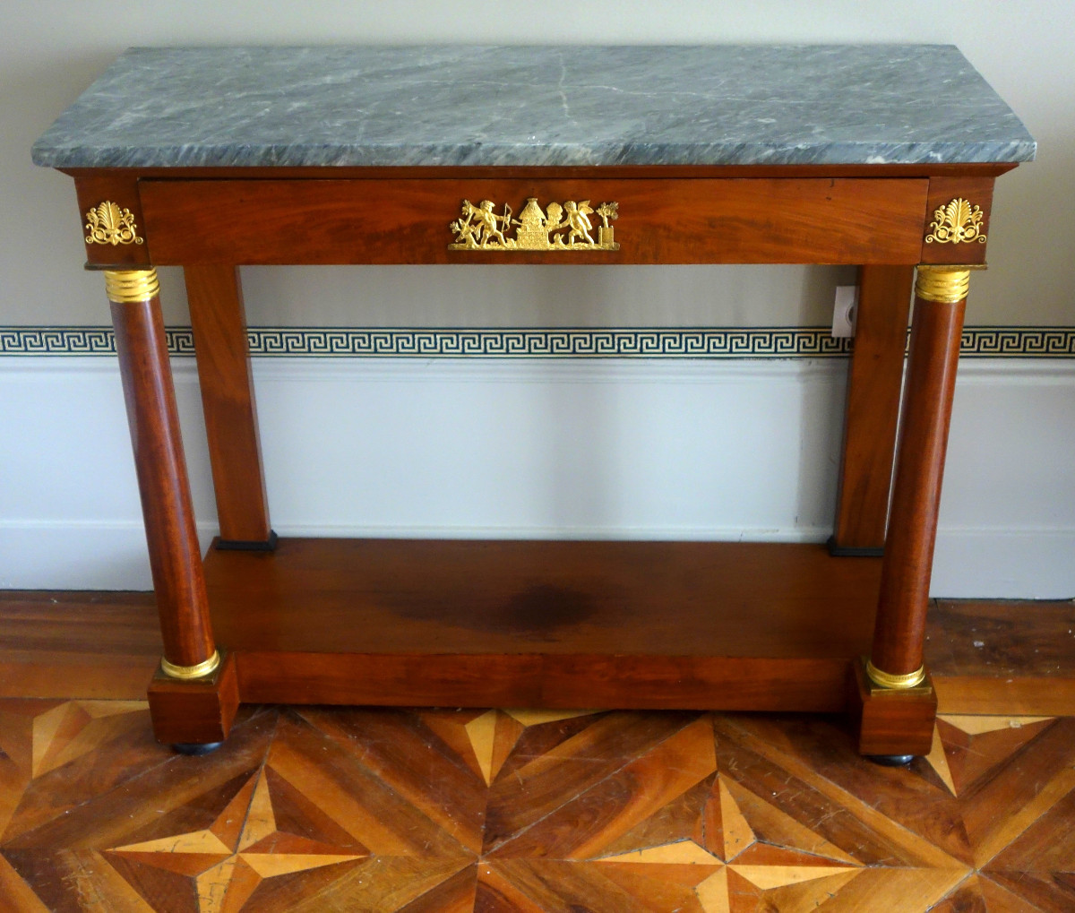 Console à colonnes en acajou, bronzes dorés, marbre bleu turquin - époque Empire