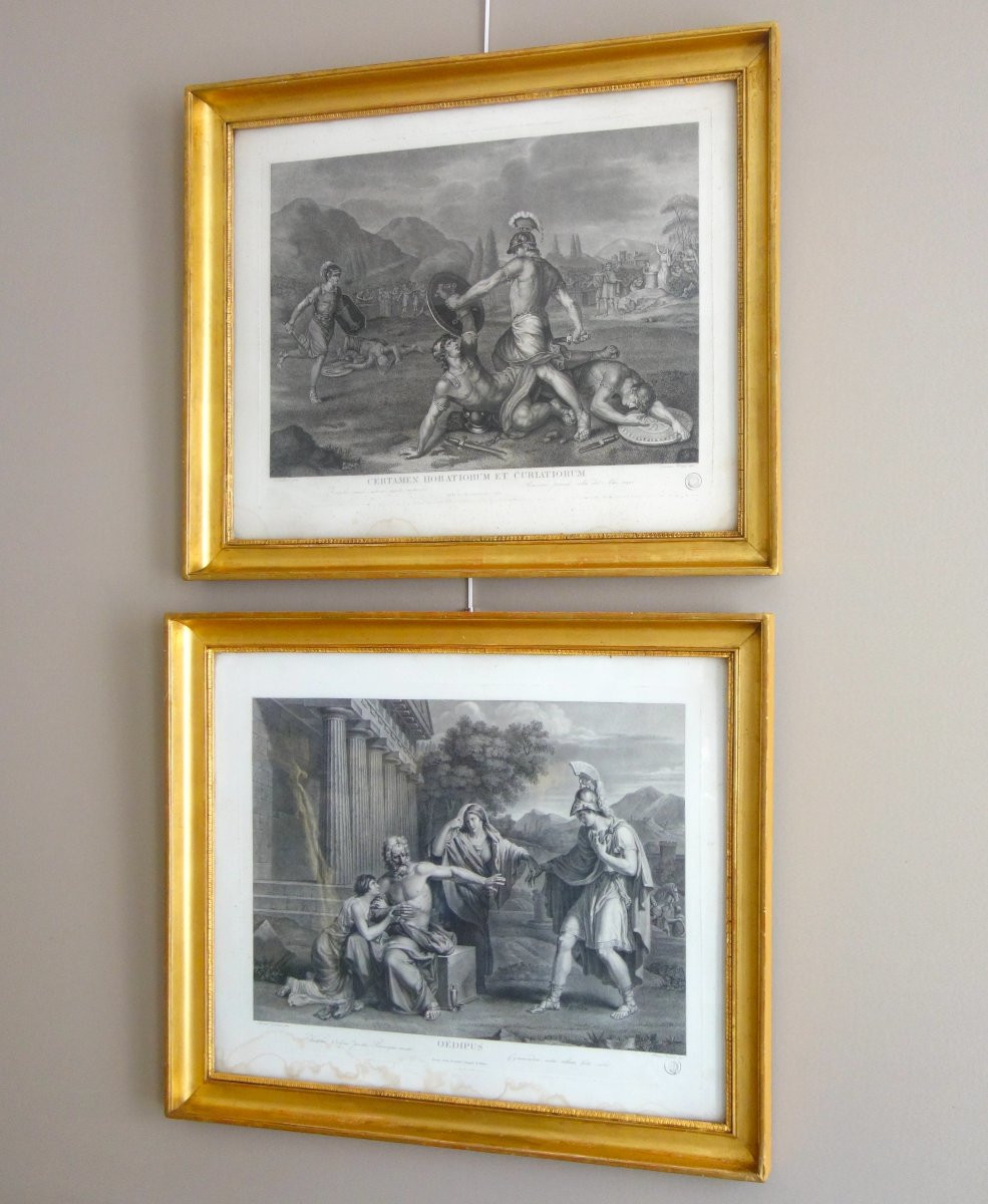 Paire de gravures à l'antique d'époque Empire Restauration, cadres en bois doré feuille d'or-photo-2