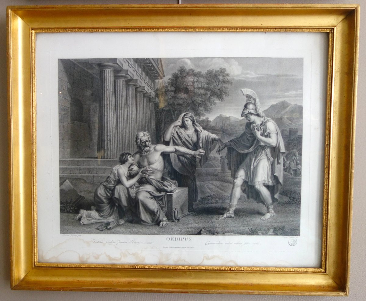 Paire de gravures à l'antique d'époque Empire Restauration, cadres en bois doré feuille d'or-photo-3
