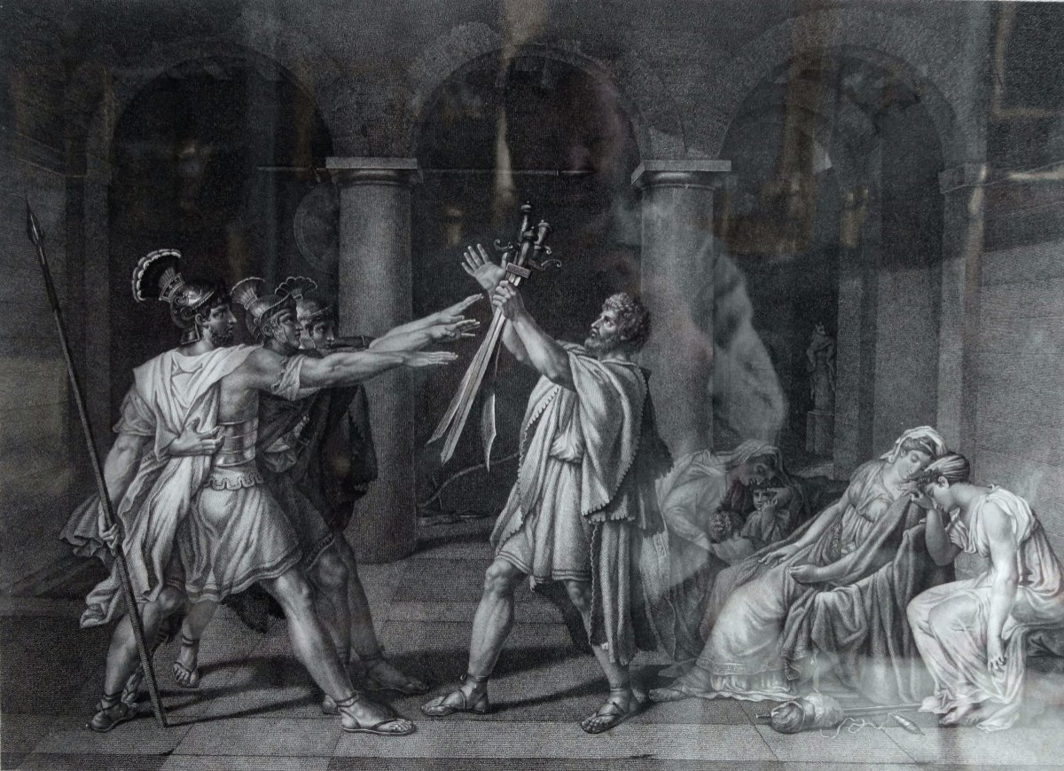 Gravure d'époque Empire : le serment des Horaces d'après l'oeuvre de David - cadre en bois doré-photo-2