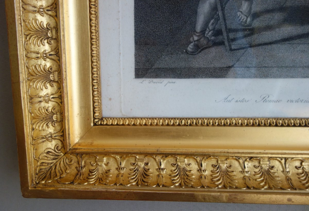Gravure d'époque Empire : le serment des Horaces d'après l'oeuvre de David - cadre en bois doré-photo-4