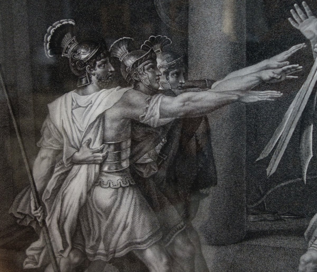 Gravure d'époque Empire : le serment des Horaces d'après l'oeuvre de David - cadre en bois doré-photo-6