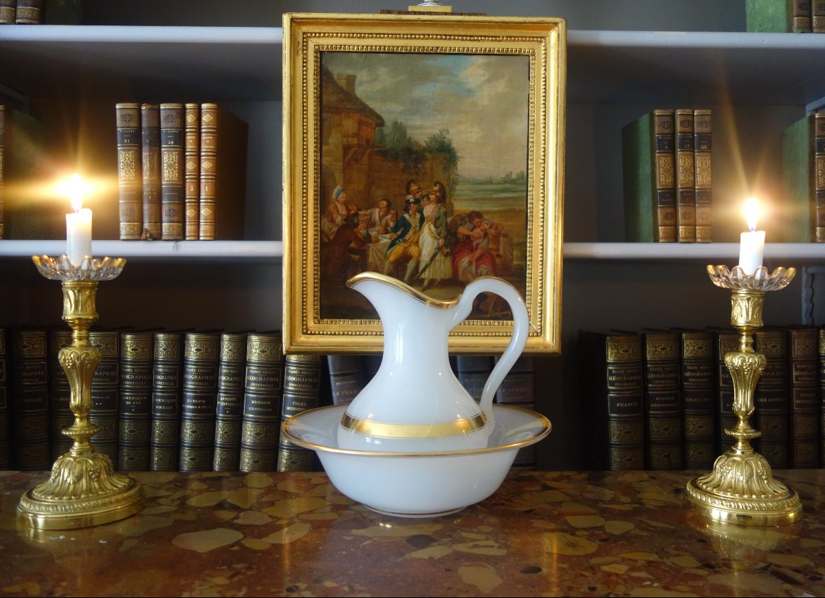 Lavabo en opaline savonneuse de Baccarat à filets or - époque Napoléon III-photo-6
