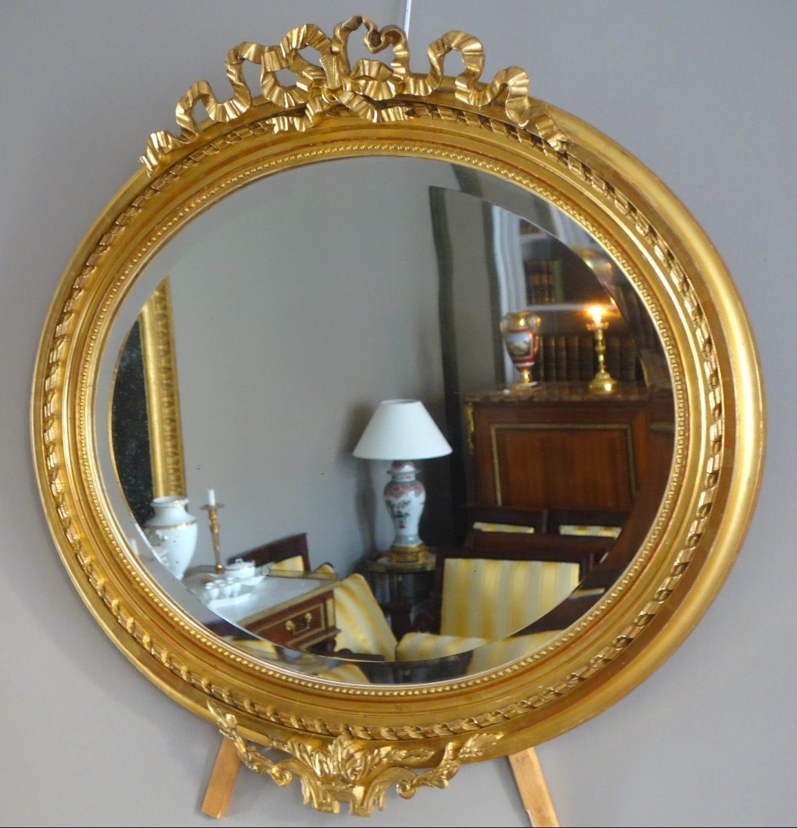 Large Oval Louis XVI Style Giltwood Mirror, Napoleon III Period - 96cm X 91cm-photo-3