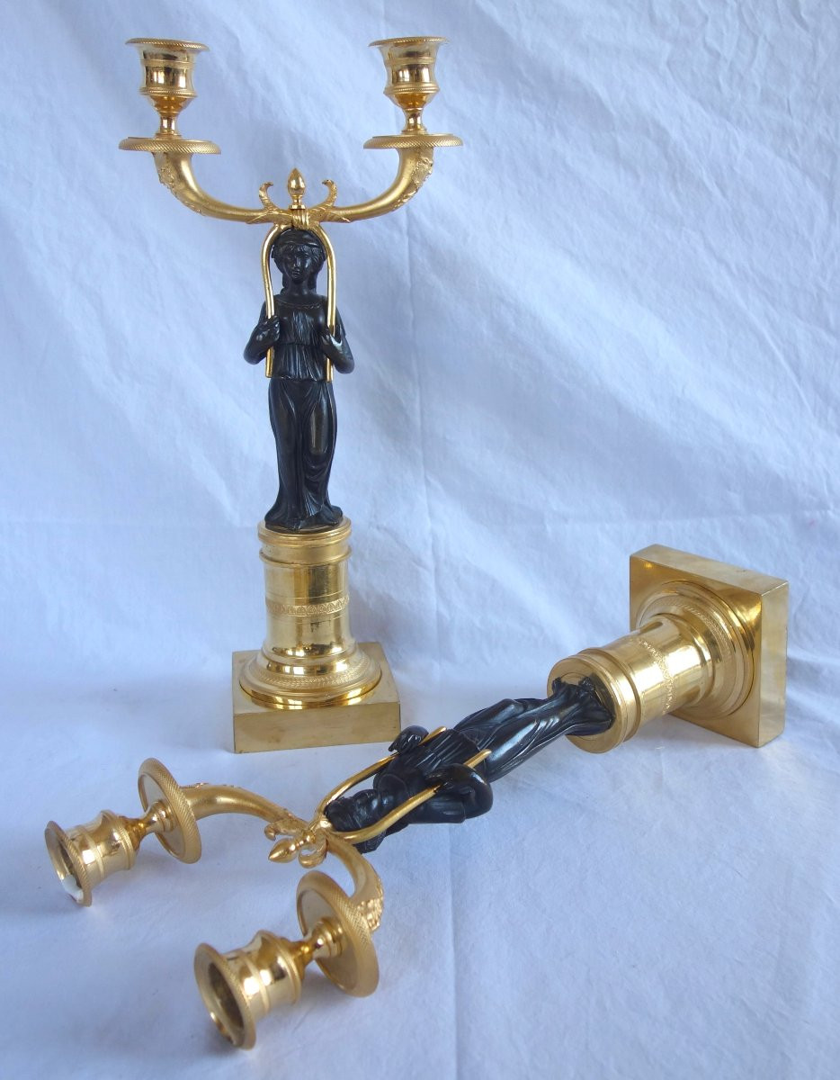 Paire de candélabres en bronze patiné et doré d'époque Consulat : hauteur 35,5cm-photo-4