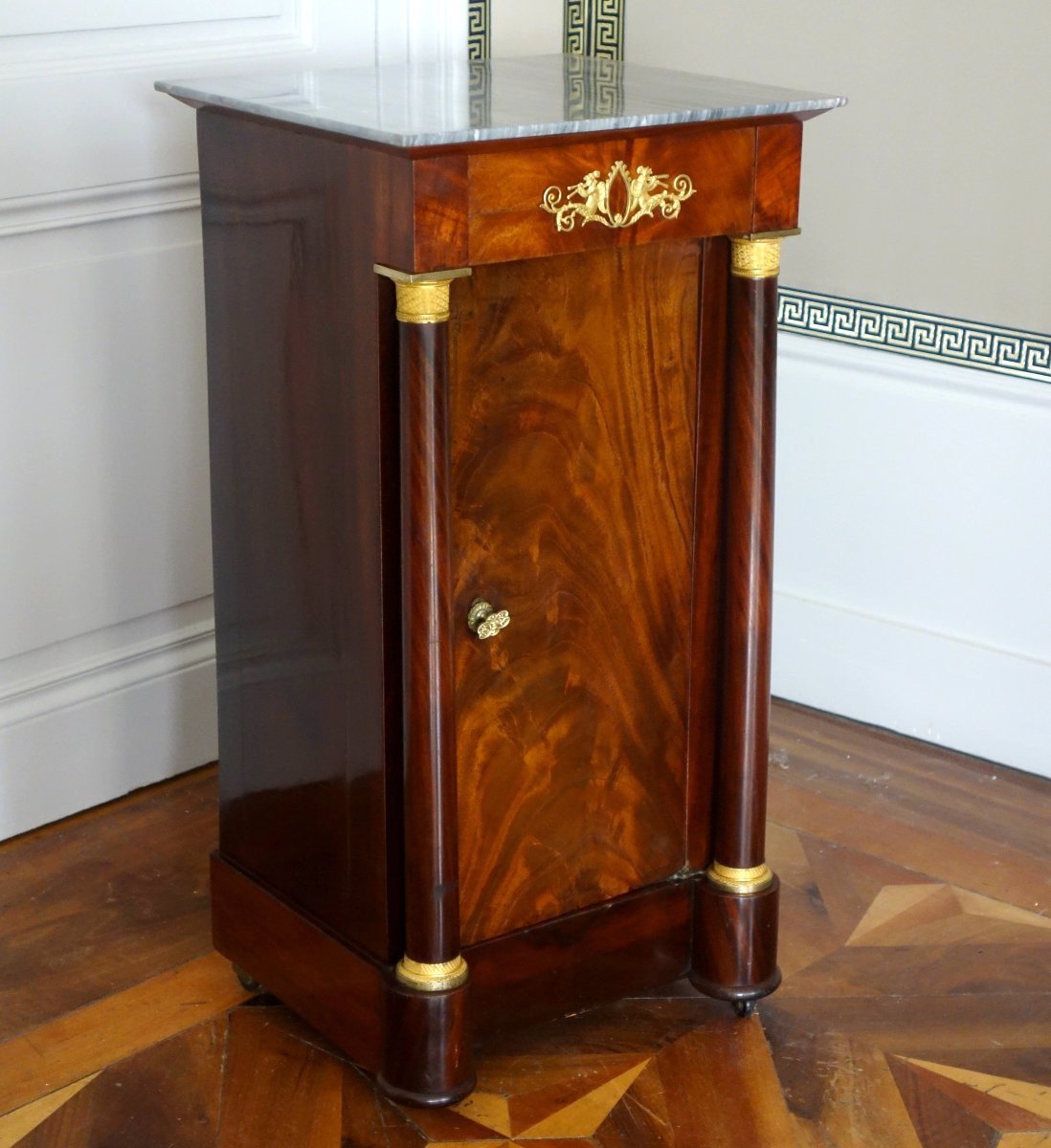 Somno, Empire Period Bedside Table With Columns, Mahogany, Gilt Bronze Mounts, Mercury And Turquin Marble-photo-2