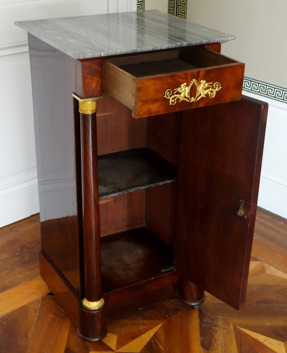 Somno, Empire Period Bedside Table With Columns, Mahogany, Gilt Bronze Mounts, Mercury And Turquin Marble-photo-2