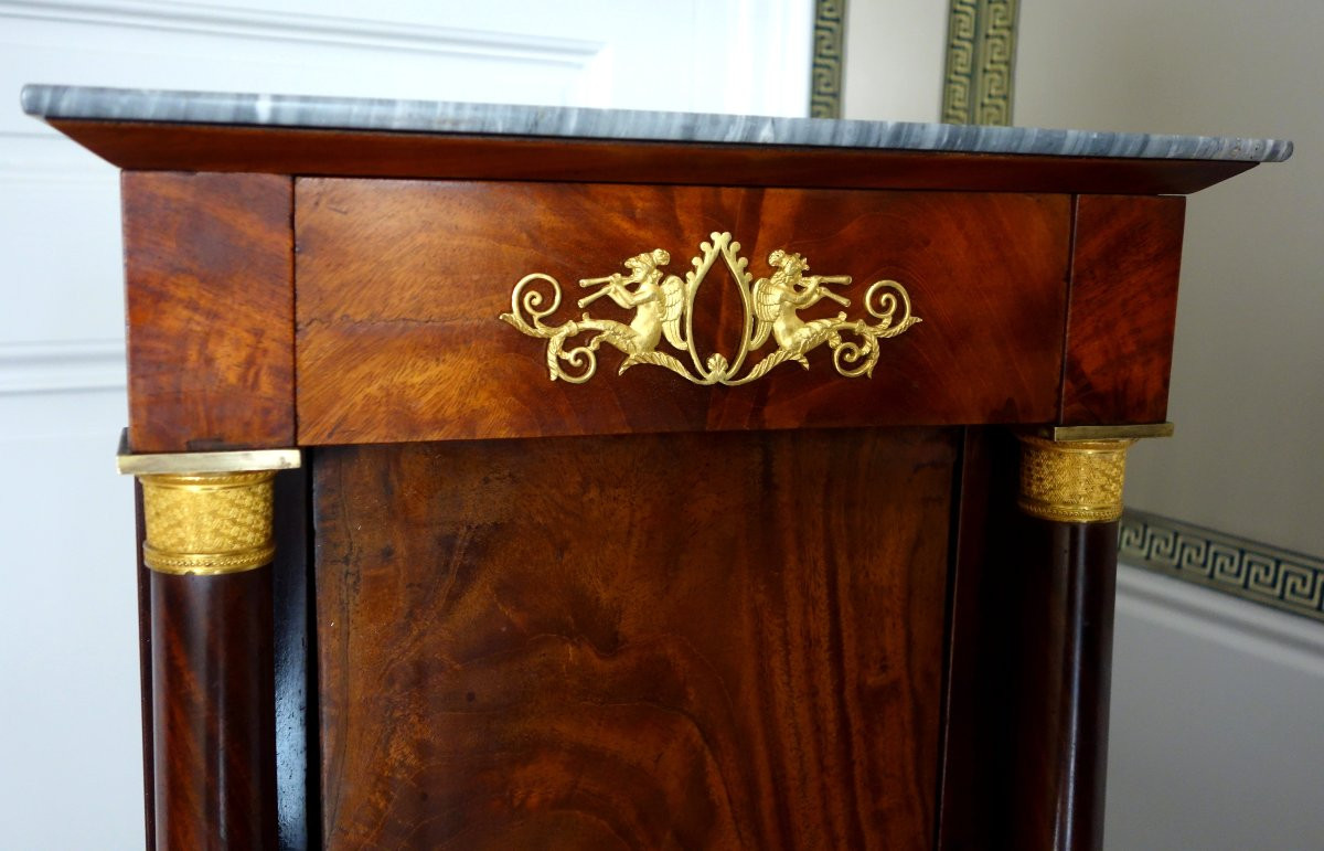 Somno, Empire Period Bedside Table With Columns, Mahogany, Gilt Bronze Mounts, Mercury And Turquin Marble-photo-5