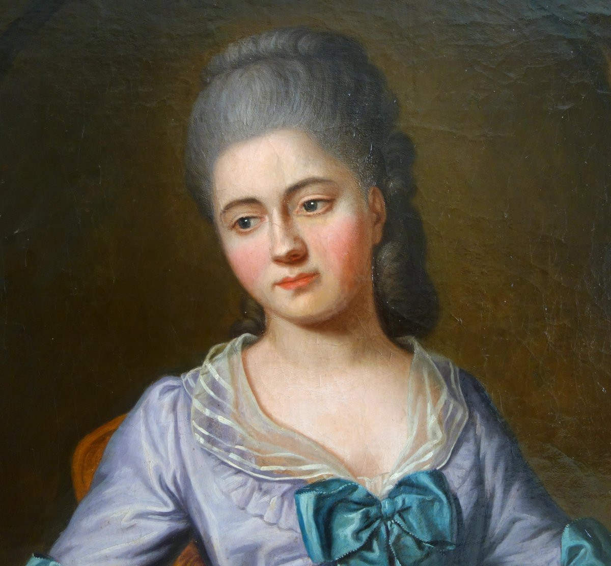 Ecole Française du XVIIIe siècle : grd portrait de dame aristocrate d'époque Louis XVI 79X95cm-photo-4