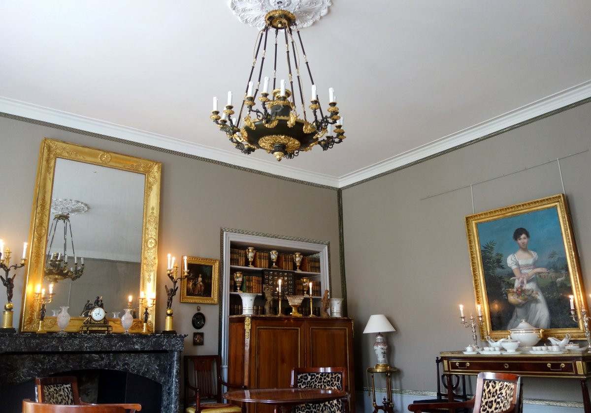   Grand lustre Empire en lampe antique à 18 feux, bronze doré & patiné, XIXe siècle vers 1830-photo-8