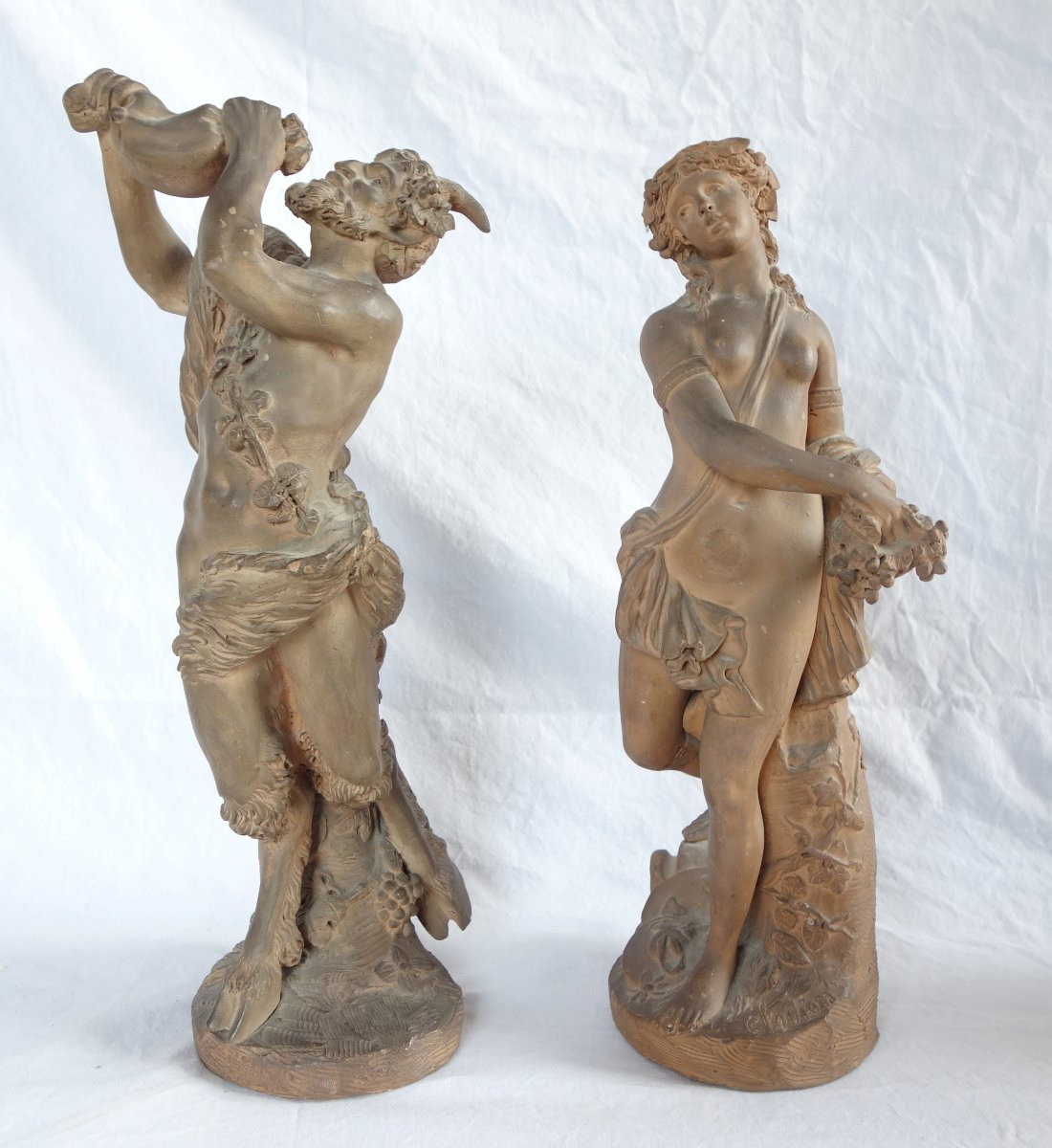 Pair Of Neoclassical Terracotta Statues, Faun And Bacchante After Clodion-photo-2
